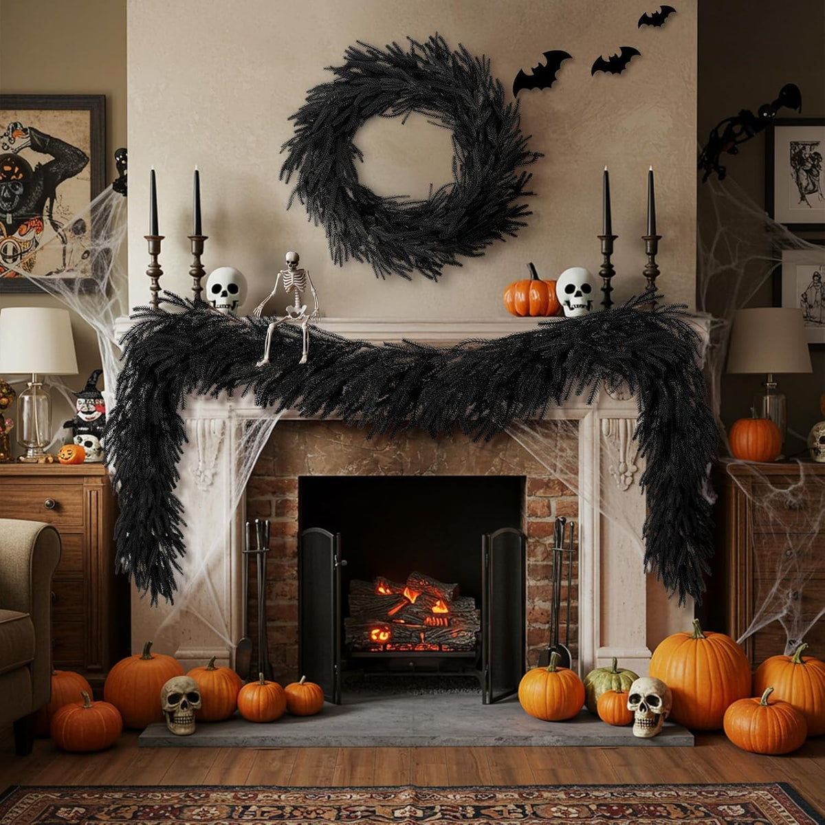 N&T NIETING 5.9FT Halloween Black Artificial Norfolk Pine Garland Real Touch Christmas Garlands