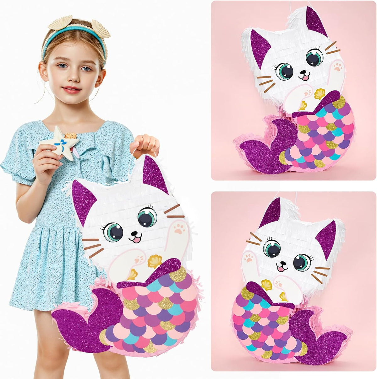 WERNNSAI Cat Piñata - Kitten Mermaid Birthday Party Decorations Kids Mermaid Pinata with Blindfold