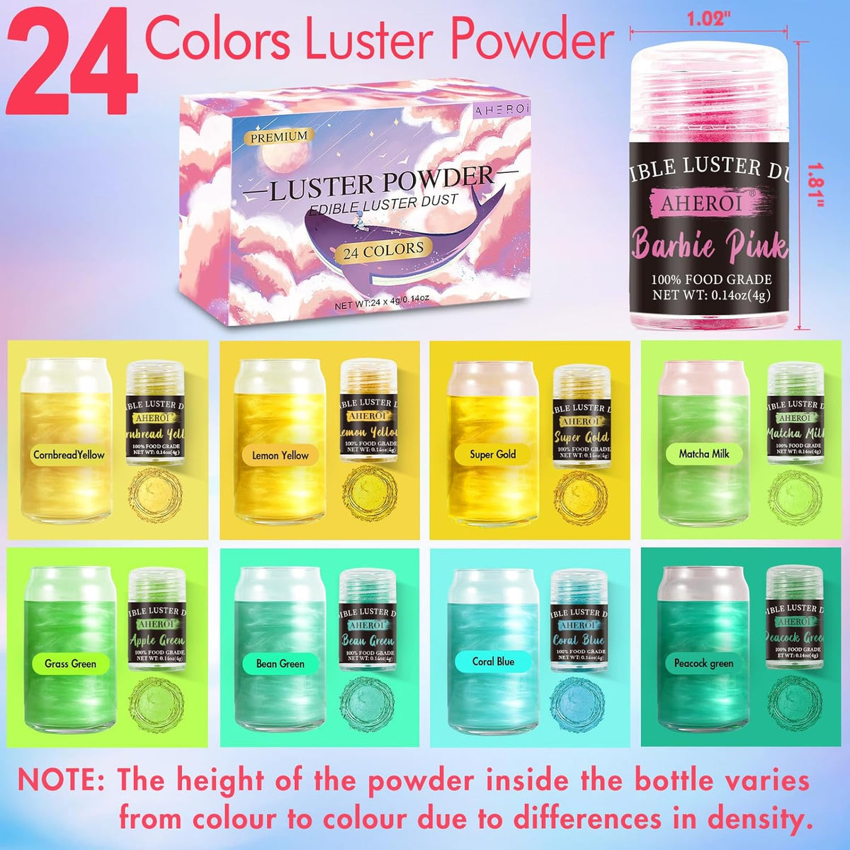 Aheroi Edible Glitter, 24 Colors Luster Dust Edible, Cocktail Glitter Luster Dust Sprinkles Drink