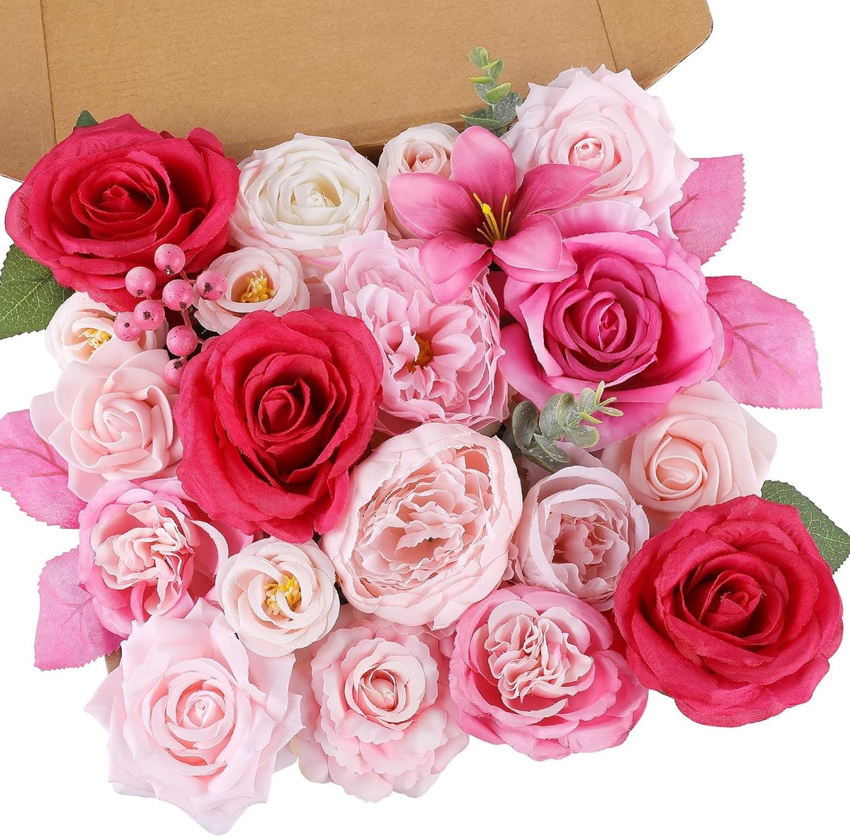 AmyHomie Fuchsia Pink Artificial Flowers Combo Silk Mix Peony Rose Fake Flowers w/Stem for DIY