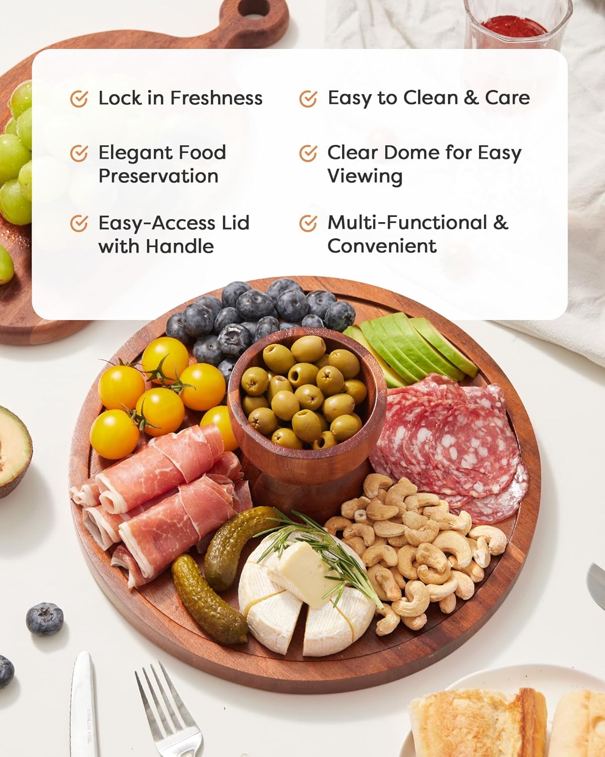 Kootek Wood Cake Stand with Lid, 2-in-1 Wooden Cake Plate & Covered Charcuterie Board, Footed Cake