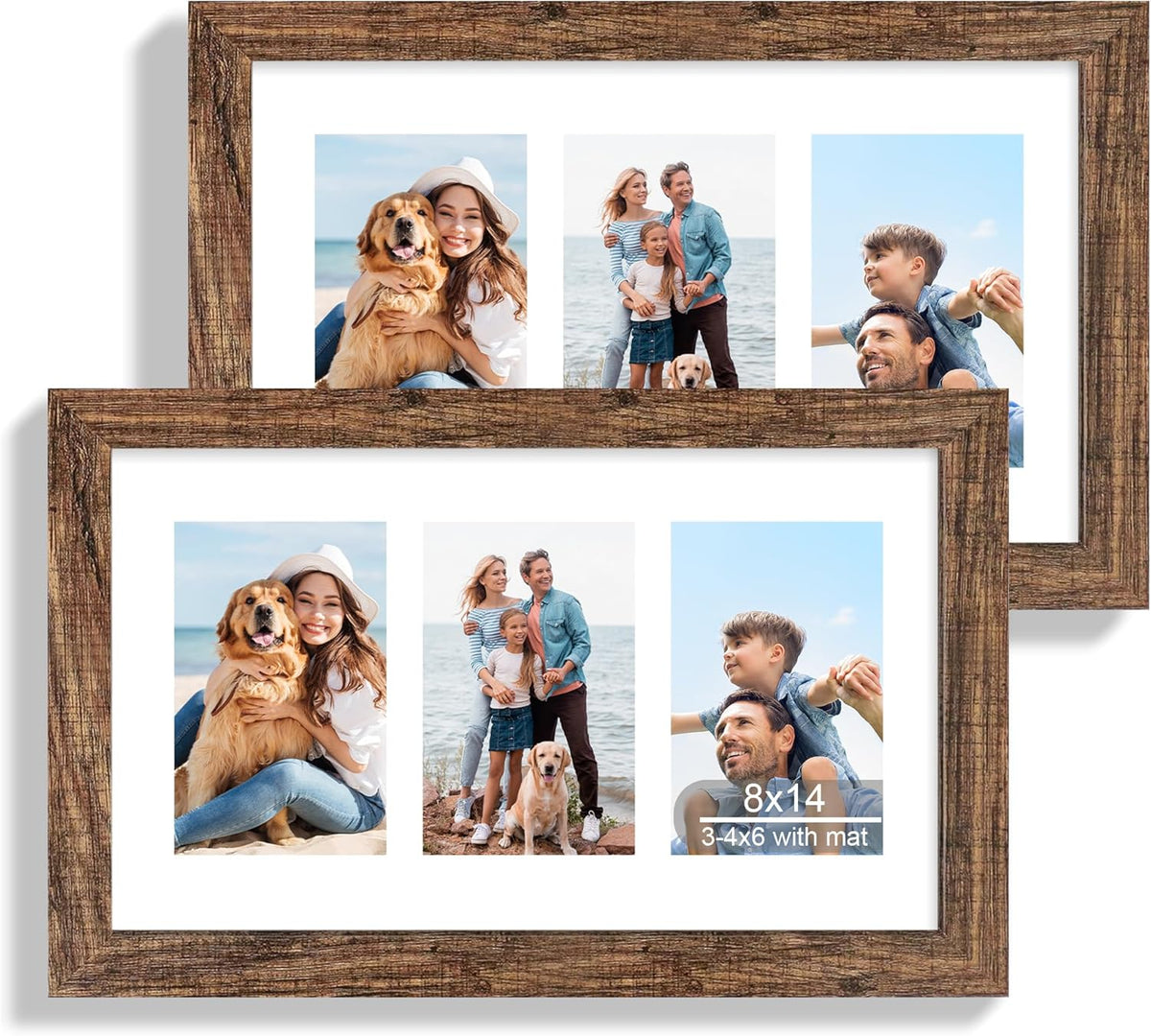 8x14 Picture Frame Set of 2, Rustic Brown Wood Frame with Glass Collage Frame, Display Pictures