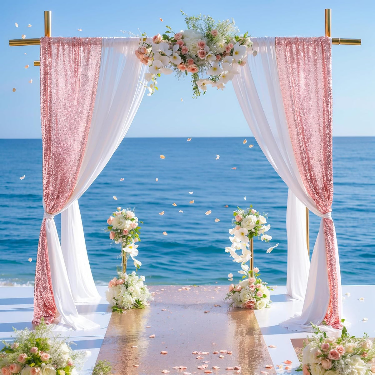 Wedding Arch Draping Fabric, 1 Panel 28" x19ft White Arch Drapes & 1 Panel 16" x19ft Rose Gold