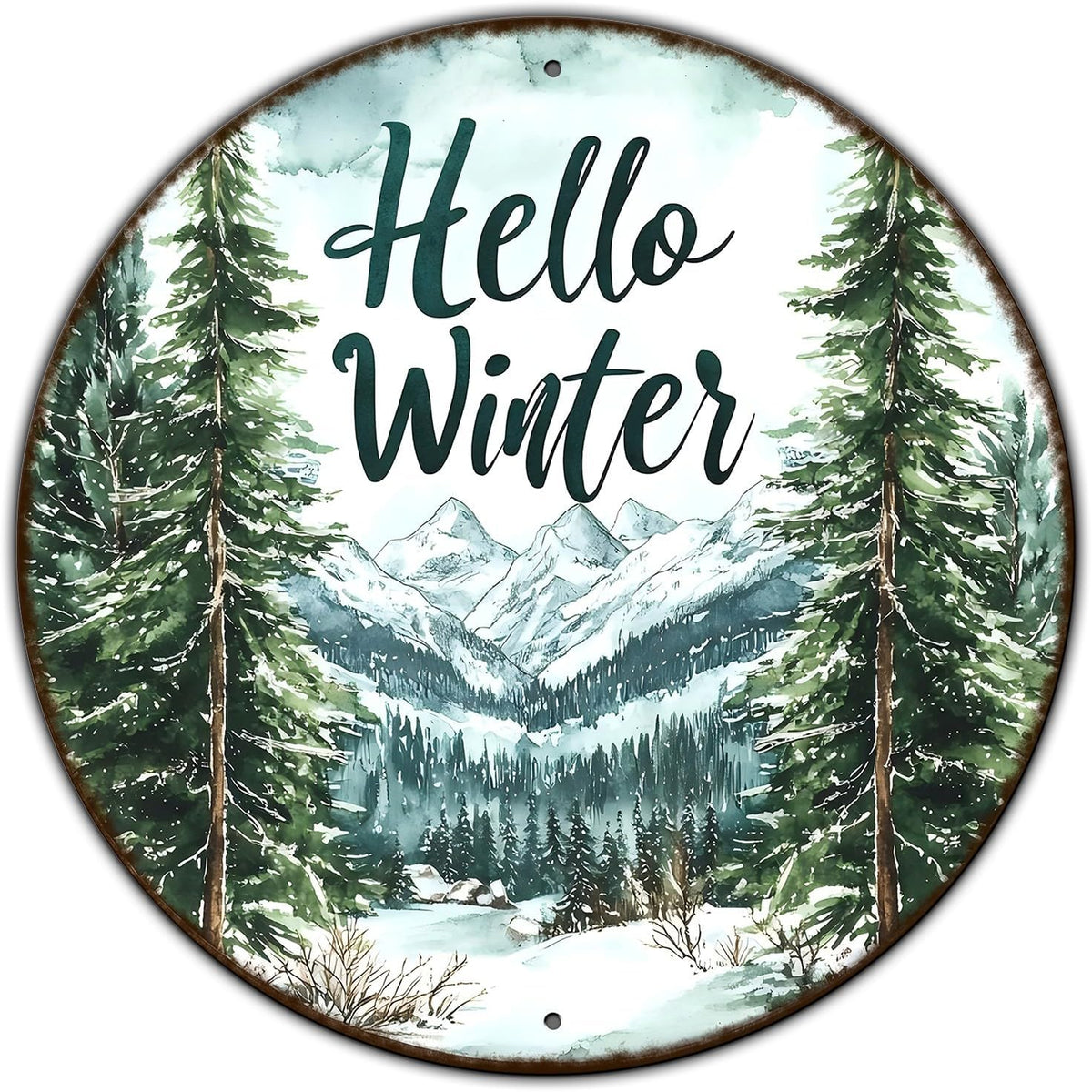 Round Christmas Metal Tin Sign Hello Winter Sign Christmas Pine Trees Welcome Door Sign Xmas Winter