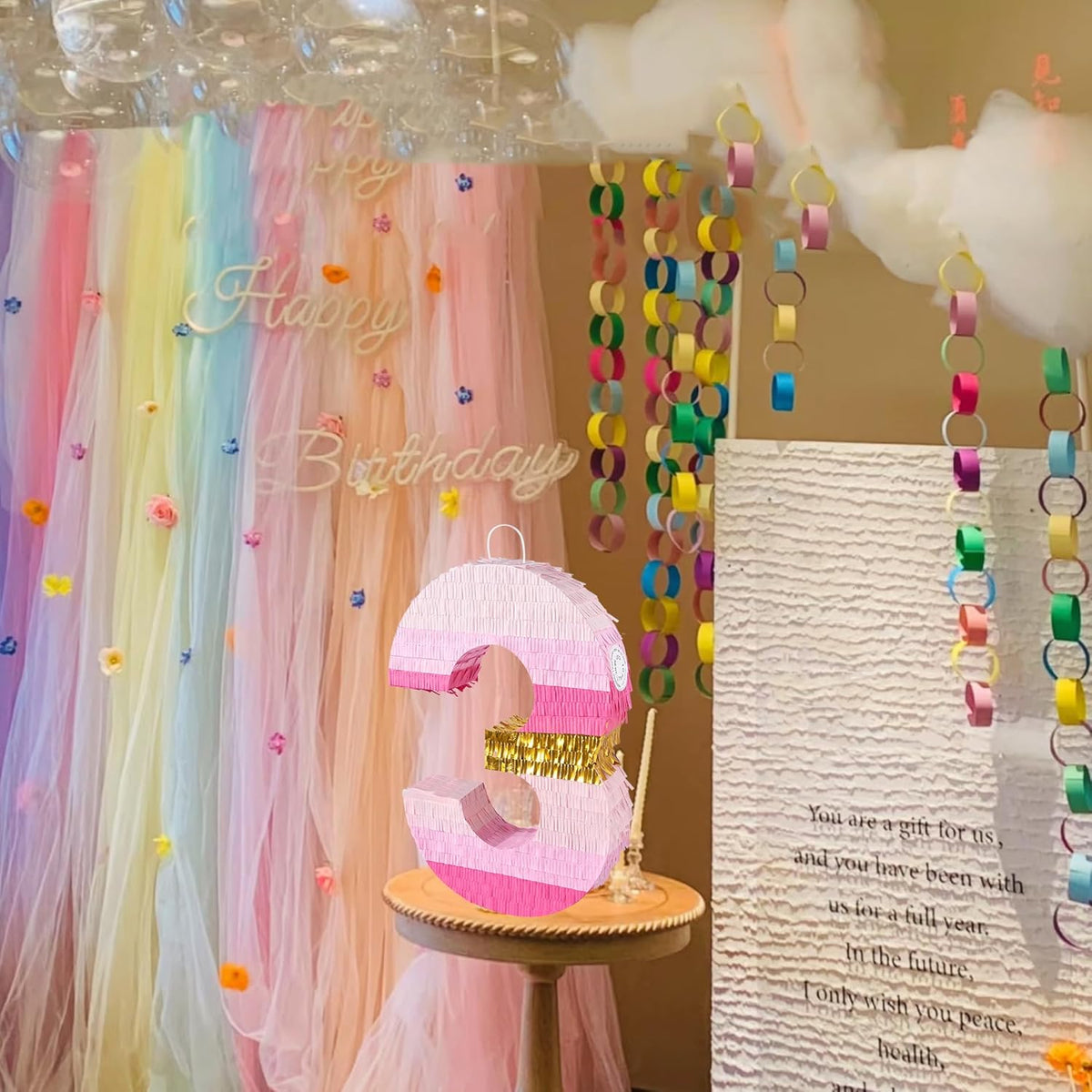 PCFING 20 Inch Number 3 Piñata Pink Gold with 30 Inch Piñata Stick Blindfold Confetti for Boys