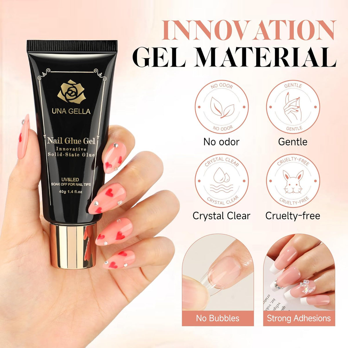 UNA GELLA Gel Nail Glue 80g Super Strong U V Solid Soft Gel Lamp Curing Needed Nail Glue 40g*2 for