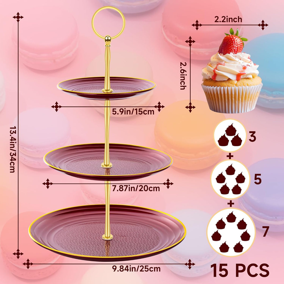 PinCute Cupcake Stand Holder - 3 Tier Cup Cake Dessert Stands, Plastic Tiered Serving Tray&Metal