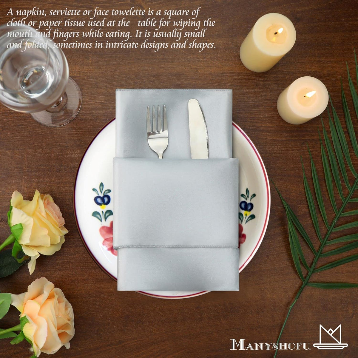 Manyshofu 50 Pieces Silver Satin Napkins - 12x12 Inches Cloth Napkins, Square Satin Fabric Napkin