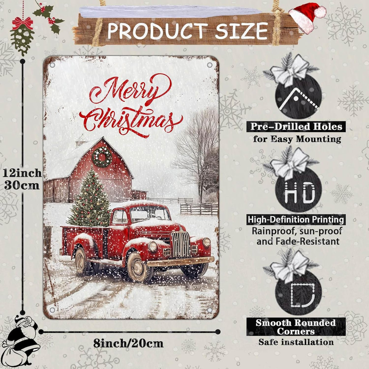 Vintage Christmas Red Truck Tin Sign Merry Christmas Truck Christmas Tree Metal Tin Sign Winter