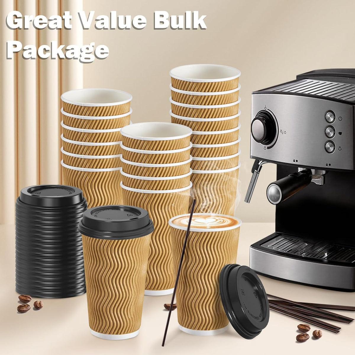 SIUQ 16 oz Coffee Cups-90 Pack Disposable Coffee Cups with Lids and Straws, Insulated Ripple Wall