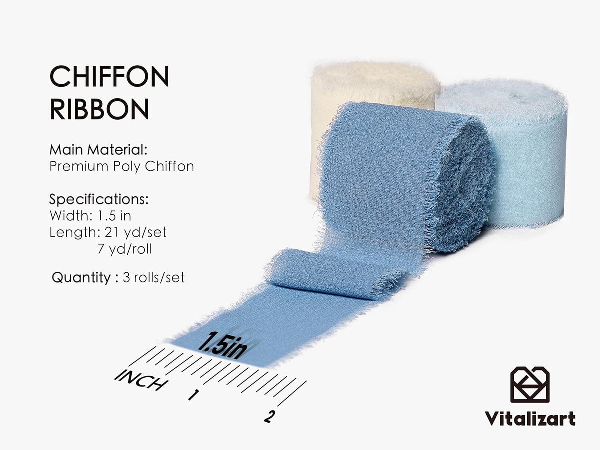 Vitalizart Blue Handmade Chiffon Silk Ribbon Fringe 1.5" x 21 Yd Dusty & Baby Blue Frayed Edges
