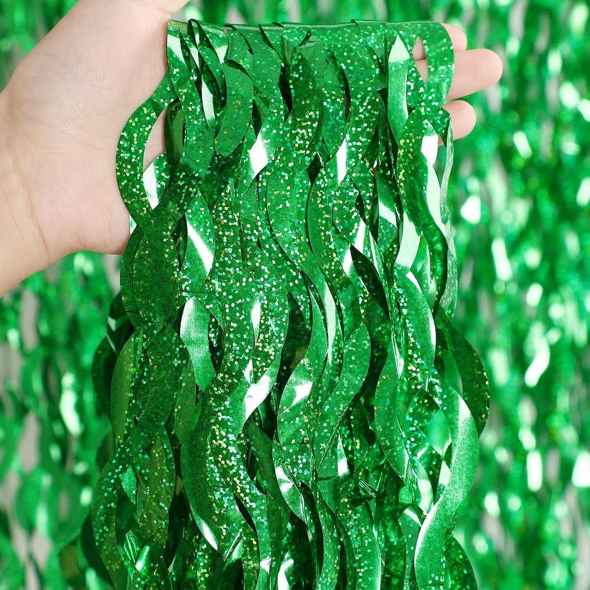 Green Foil Backdrop Curtain - CYLMFC 3 Pack 3.3 ft x 6.6 ft Birthday Streamers Party Curtains