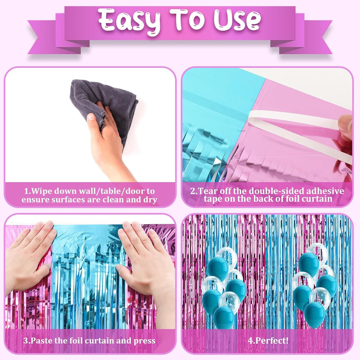 2 Pack 3.3x8.2 Feet Blue and Pink Foil Fringe Backdrop Curtains, Tinsel Streamers Birthday Party