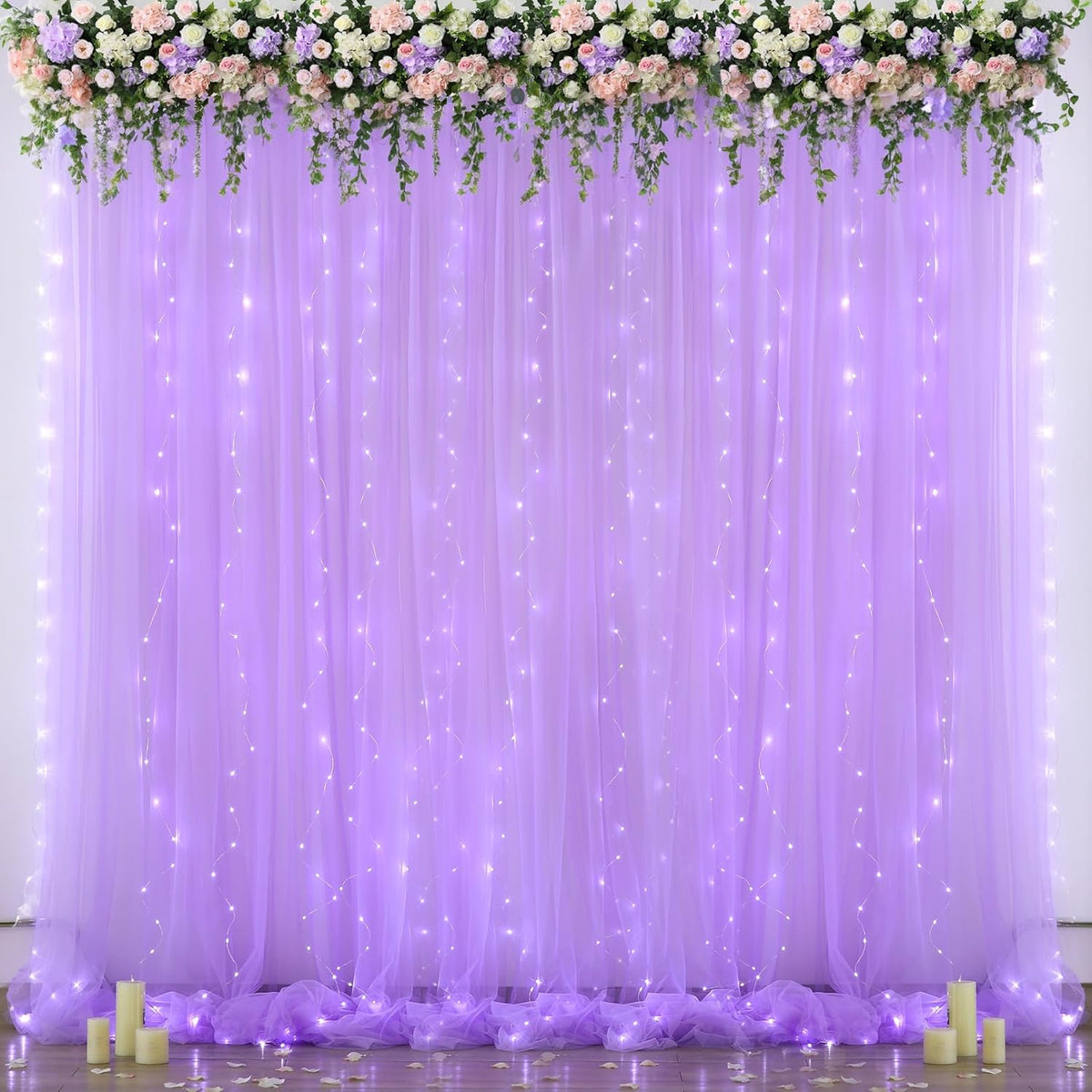 Lavender Tulle Backdrop Curtain with Led Lights for Wedding Baby Shower Girls 10ft X 8ft Lilac