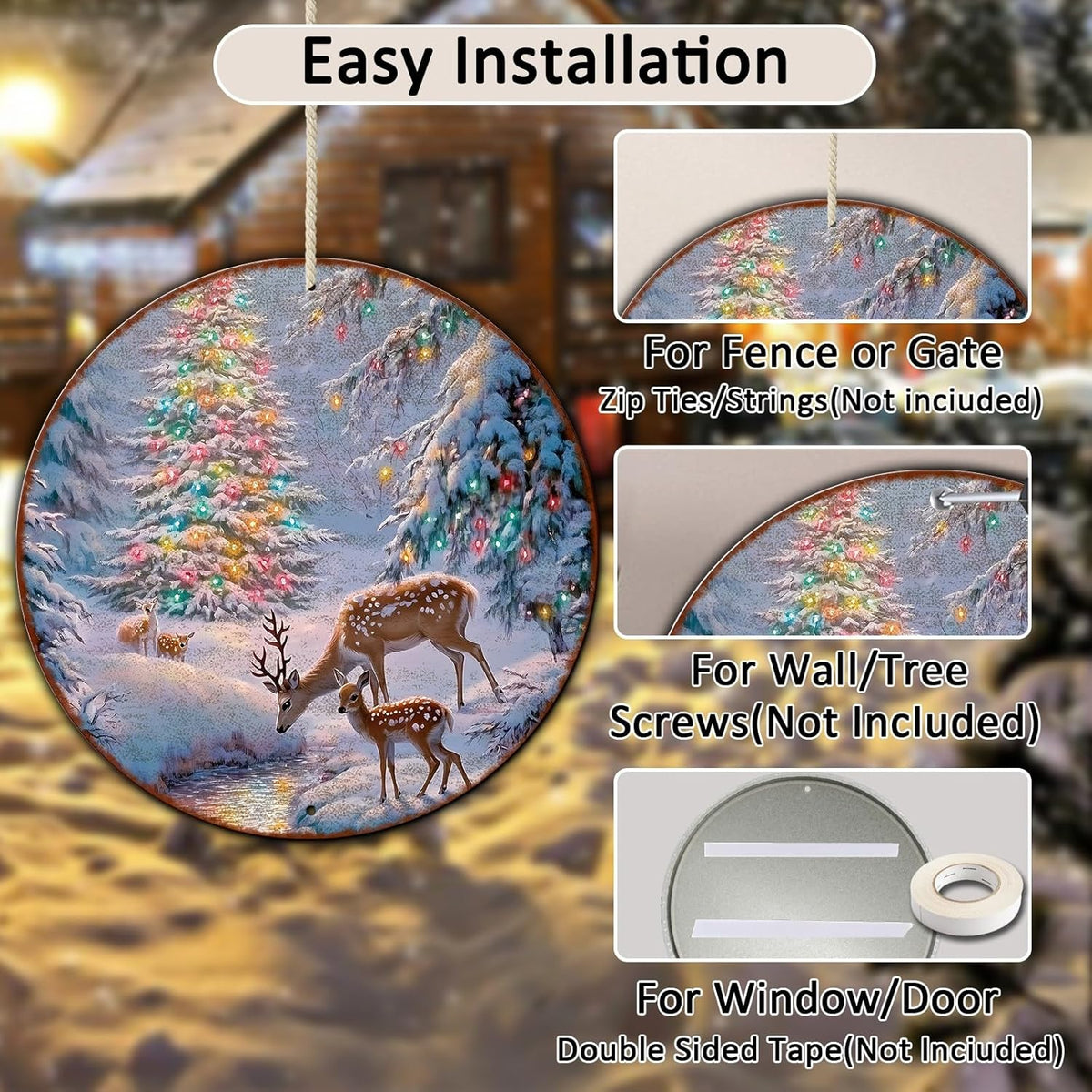 Christmas Tree Decor Round Metal Tin Sign Christmas Deer Vintage Tin Sign for Home Coffee Wall