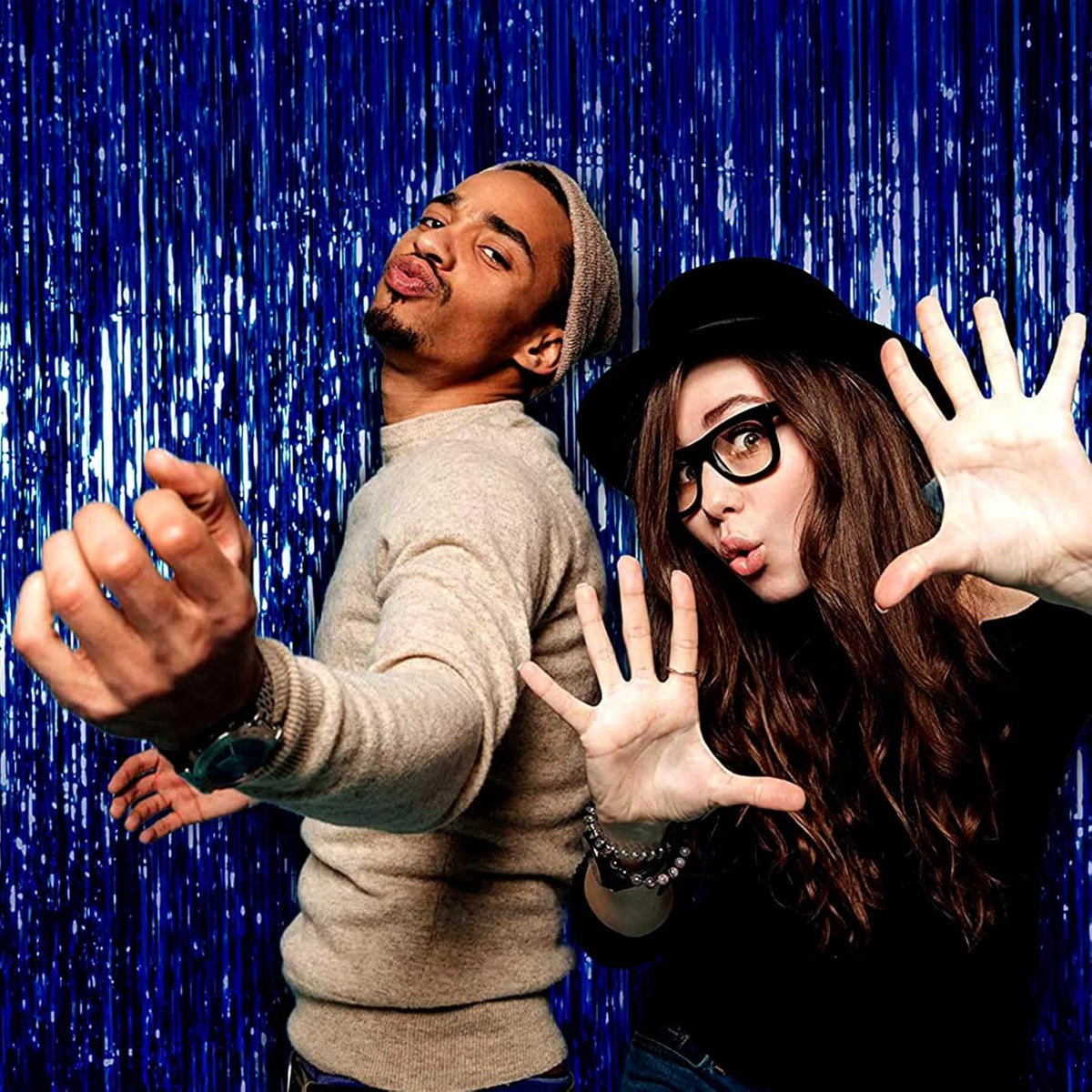 4 Pack Blue Foil Fringe Curtain Backdrop, 3.28Ftx8.2Ft Metallic Tinsel Streamers for Sea Party