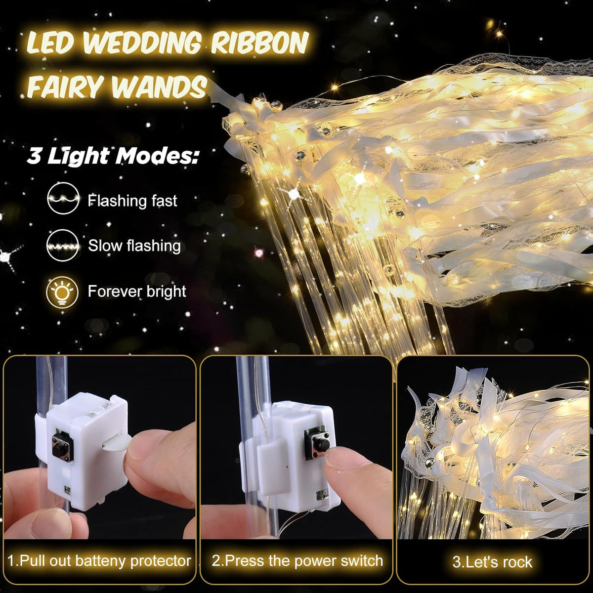 100PCS Light up Wands for wedding, Wedding Wands Streamers with 3 Colorful Flashing Modes, Fairy