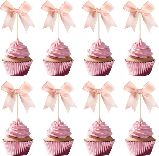 Gyufise 24Pcs Bow Cupcake Toppers Coquette Bow Girls Birthday Cake Decorations Bowknot Cake Toppers