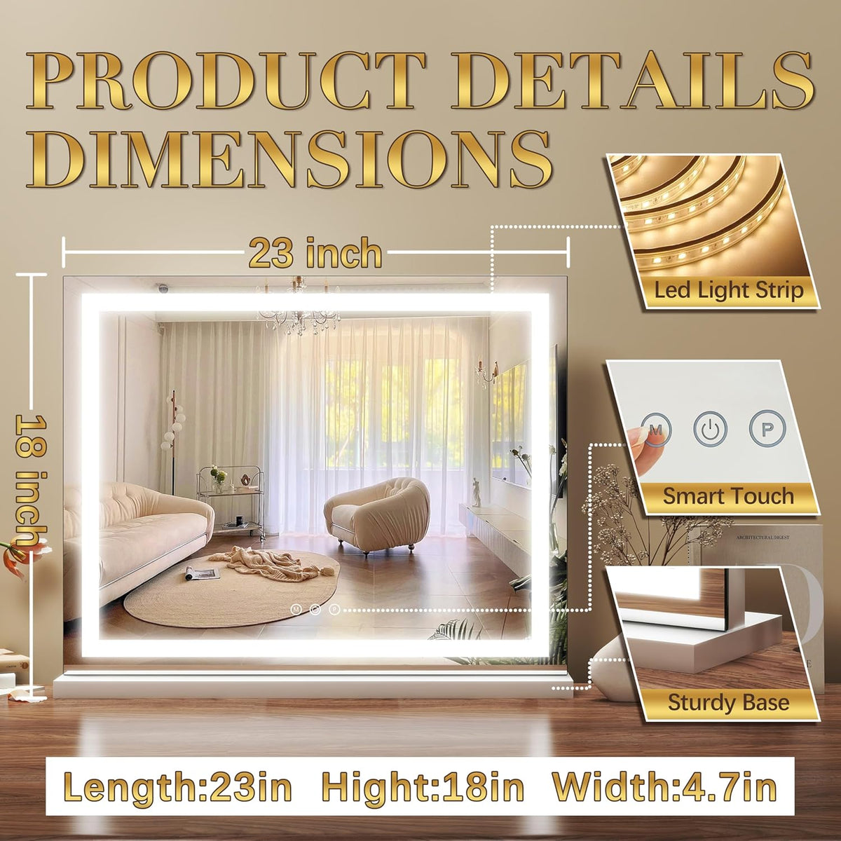 23x18 Inch Lighted Vanity Mirror, 3-Color Dimmable LED & Touch Control - Large Makeup Mirror for
