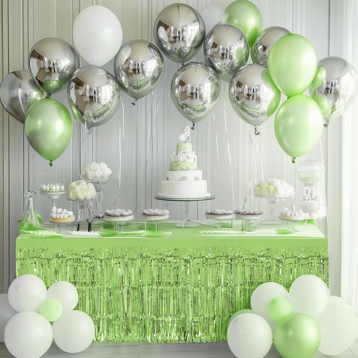 8 Pack Light Green Table Skirts, 29x108" Metallic Foil Tinsel Fringe Table Skirts for Rectangle