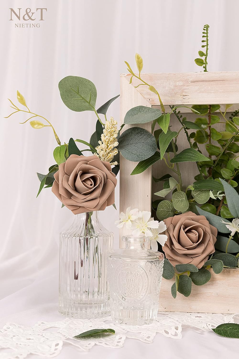 N&T NIETING Brown Roses Artificial Flowers, 25pcs Fake Flowers Bulk Perfect for DIY Fall Wedding