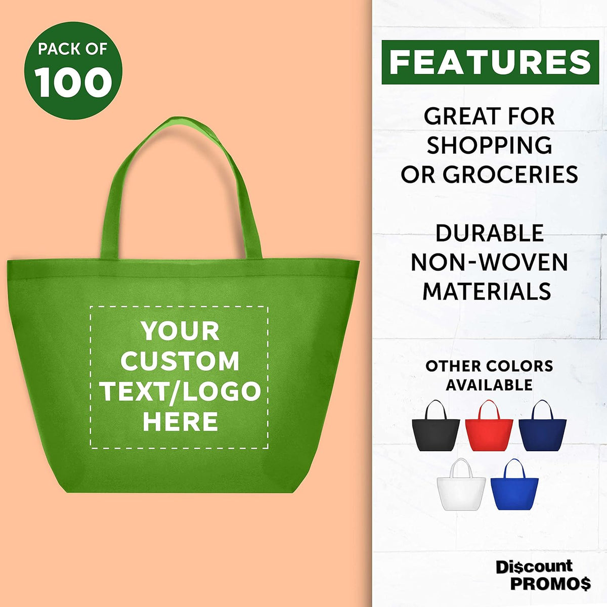 DISCOUNT PROMOS Custom Southern Style Grocery Tote Bags Set of 100 - Personalized Bulk Pack