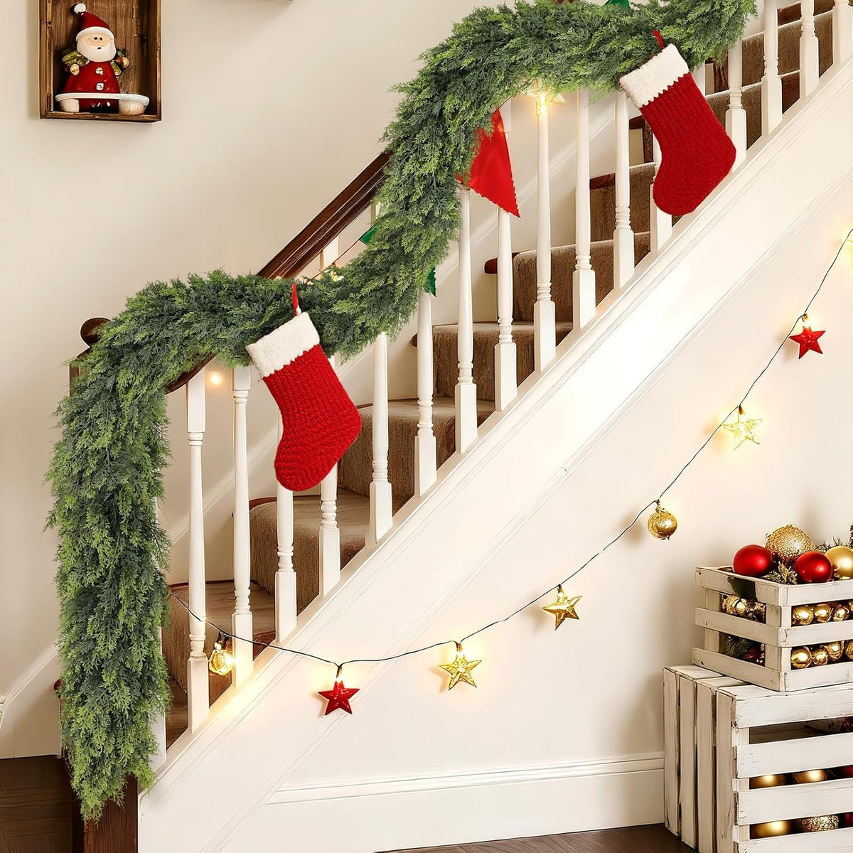 Christmas Cedar Garland - 9ft Artificial Cedar Garland Faux Lush Green Fake Pine Needles for