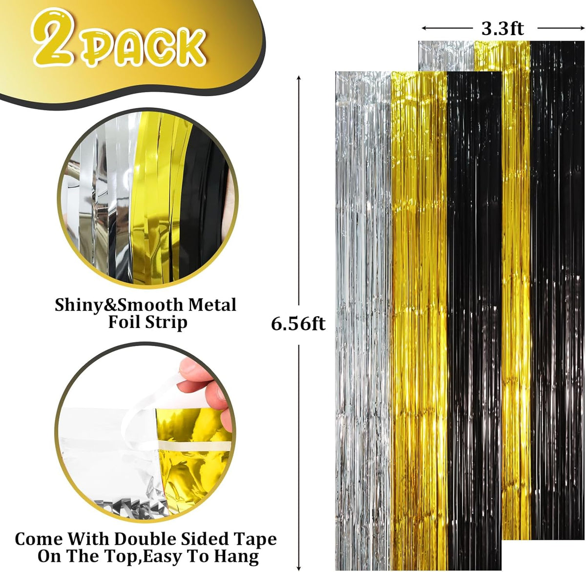 2 Pack Black Gold Silver Foil Fringe Backdrop Curtains, Tinsel Streamers Party Decorations, Fringe