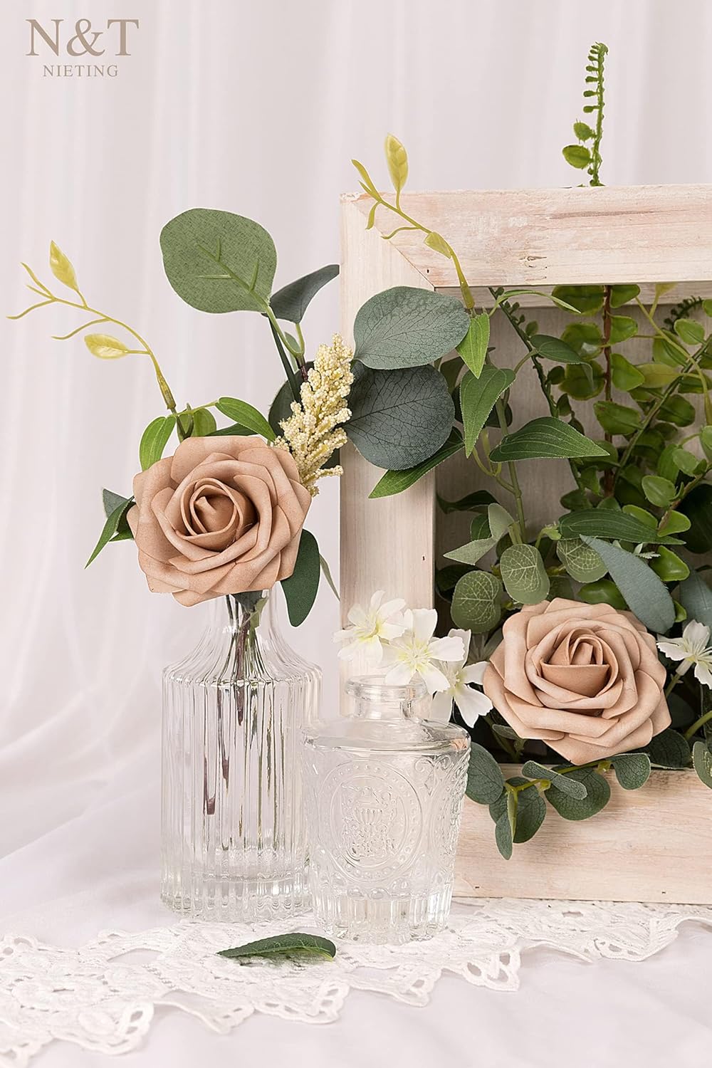 N&T NIETING Artificial Flowers, 50pcs Foam Roses Fake Brown Flowers for DIY Wedding Bouquet Party