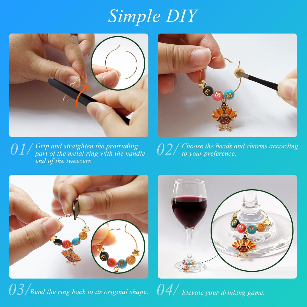 DIY Wine Glass Charms Kit, 25pcs Personalized Reusable Drink Marker Tags, Glass Identifiers for