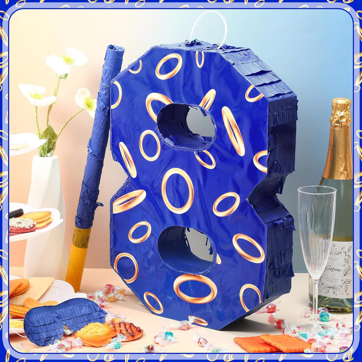 Number 8 Blue and Golden Rings Piñata for Kids Birthday Cartoon Theme Small Piñata with Blindfold