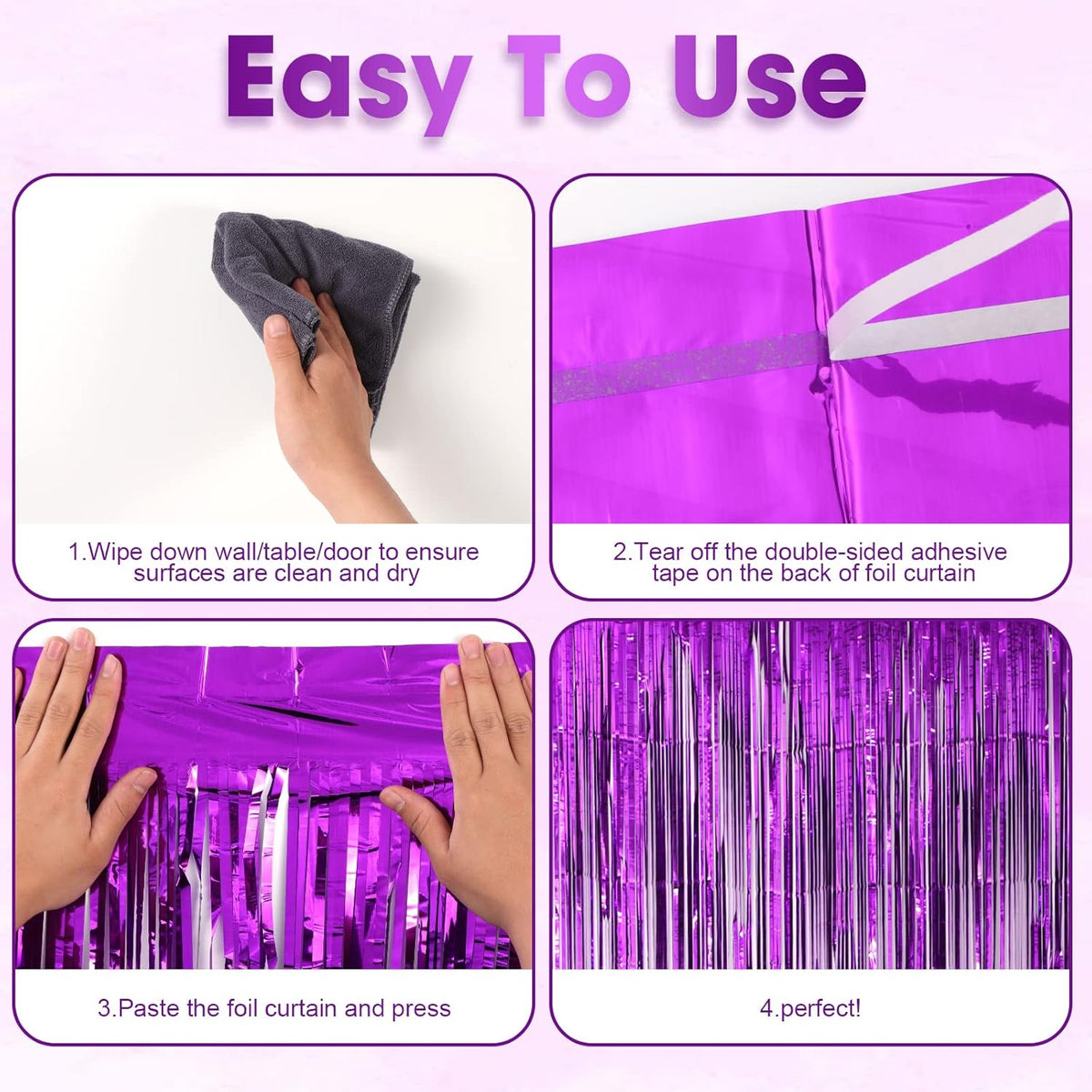4 Pack Purple Foil Fringe Backdrop Curtains, Tinsel Streamers Birthday Party Decorations, Fringe