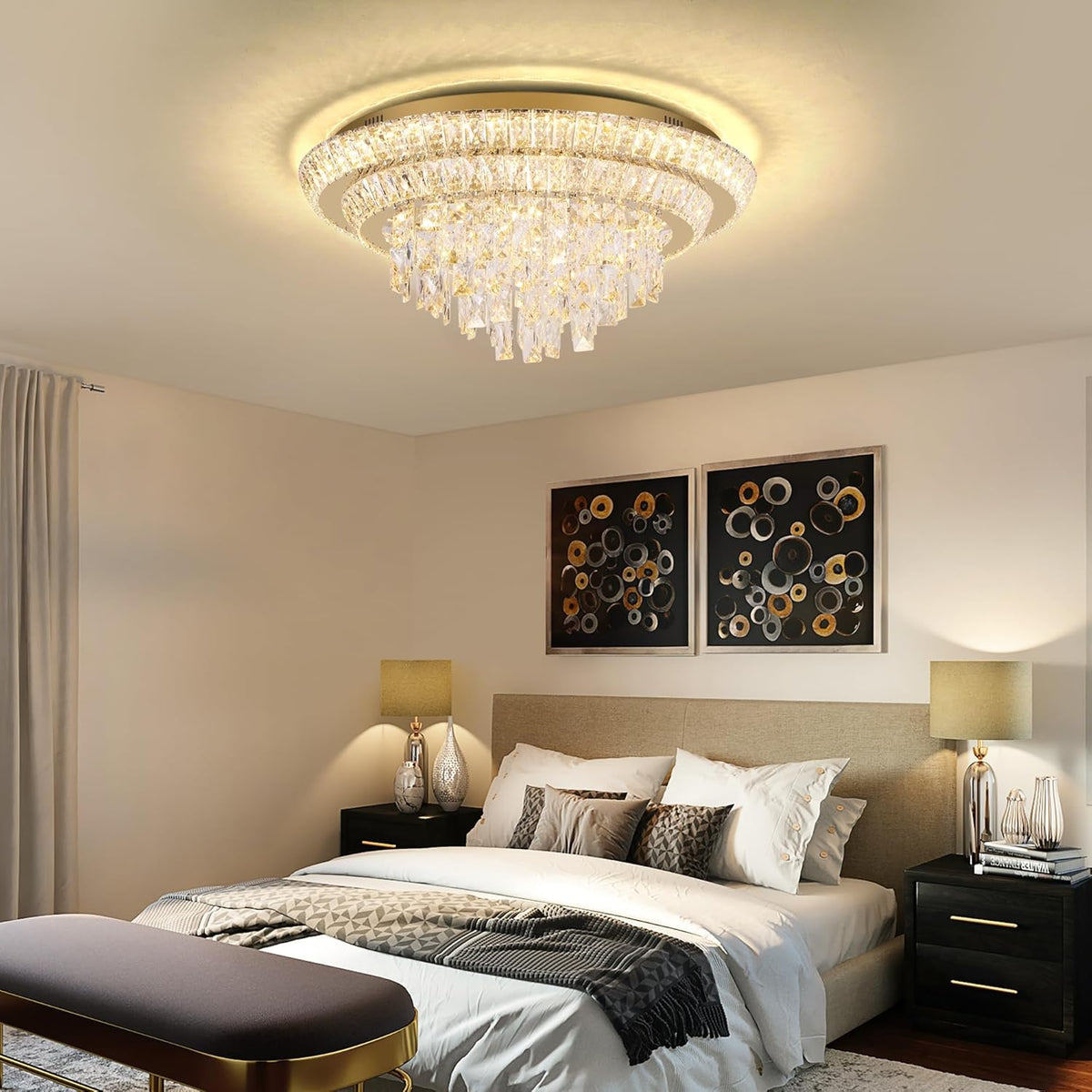 24 inch Crystal Gold Ceiling-Light Flush Mount with Remote Control and APP, 3CCT Dimmable &