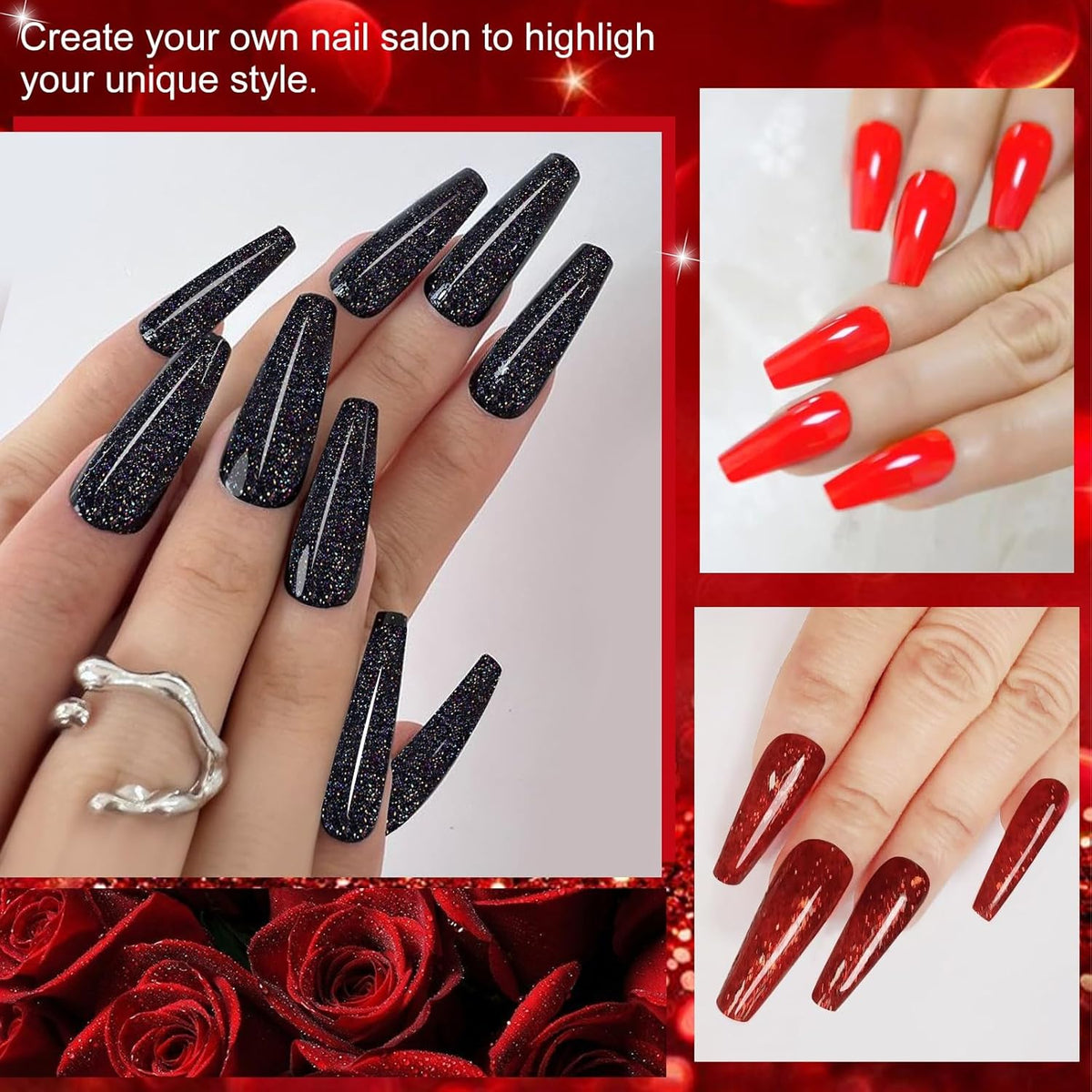Honey Joy Dip Powder Nail Kit Starter,4 Colors Deep Red Glitter Holographic Black Dipping Powder