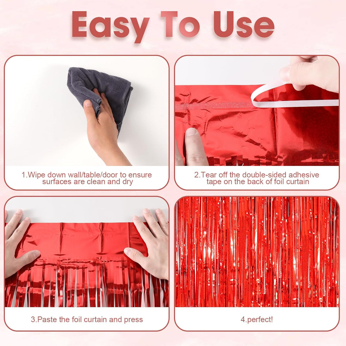 2 Pack Red Tinsel Foil Fringe Curtains, Red Party Decorations, Metallic Tinsel Party Streamers