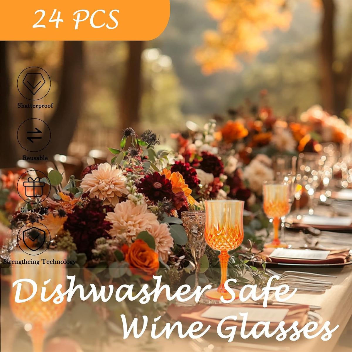 Plastic Wine Glasses，Orange Goblets Vintage Style Cordial Drinking Glasses for Wedding Reception