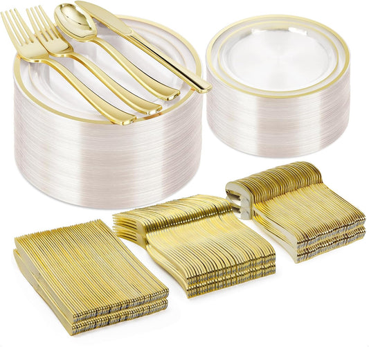 300PCS Clear Gold Plastic Plate Set (50 Guests), Disposable Dinnerware Set for Party, Wedding