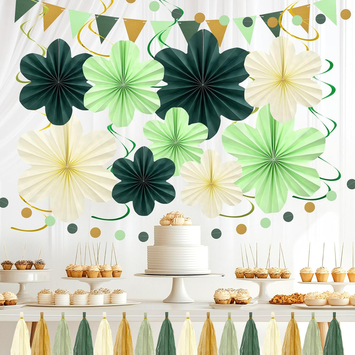 Sage Green Birthday Decoration, Plant Birthday Decorations with Hanging Paper Flowers, Tassel