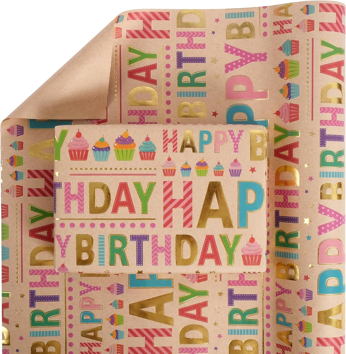 Aimyoo Colorful Birthday Wrapping Paper Roll - 17 Inch X 32.8 Feet - Gold Foil Happy Birthday