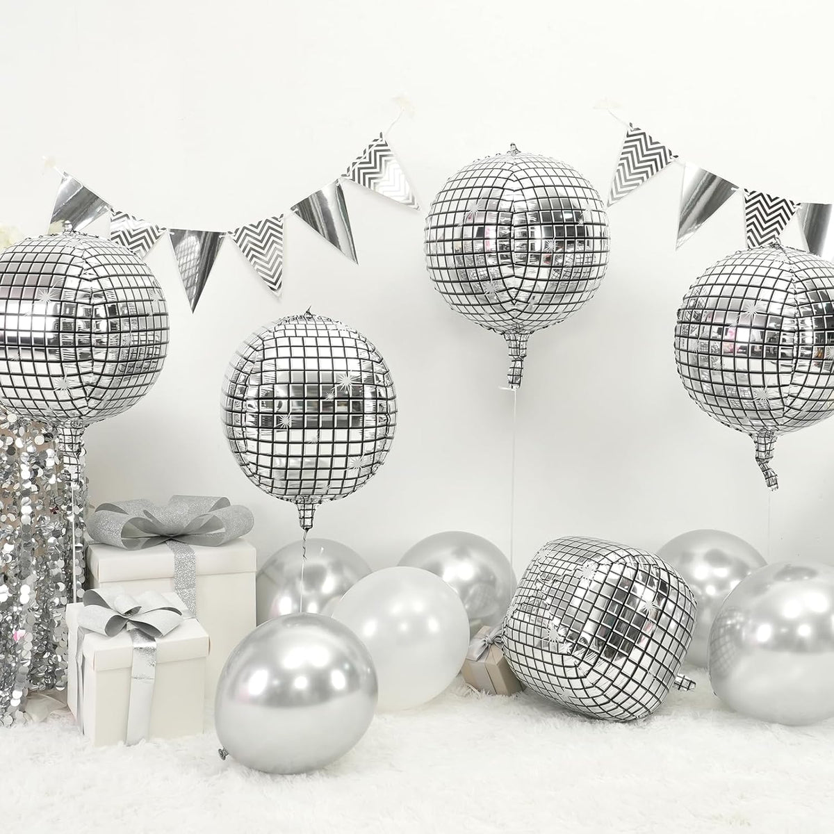 Disco Ball Balloons 4PC,Foil Disco Balloons 22 Inch 4D Round Metallic Silver Balloon for 70s 80s