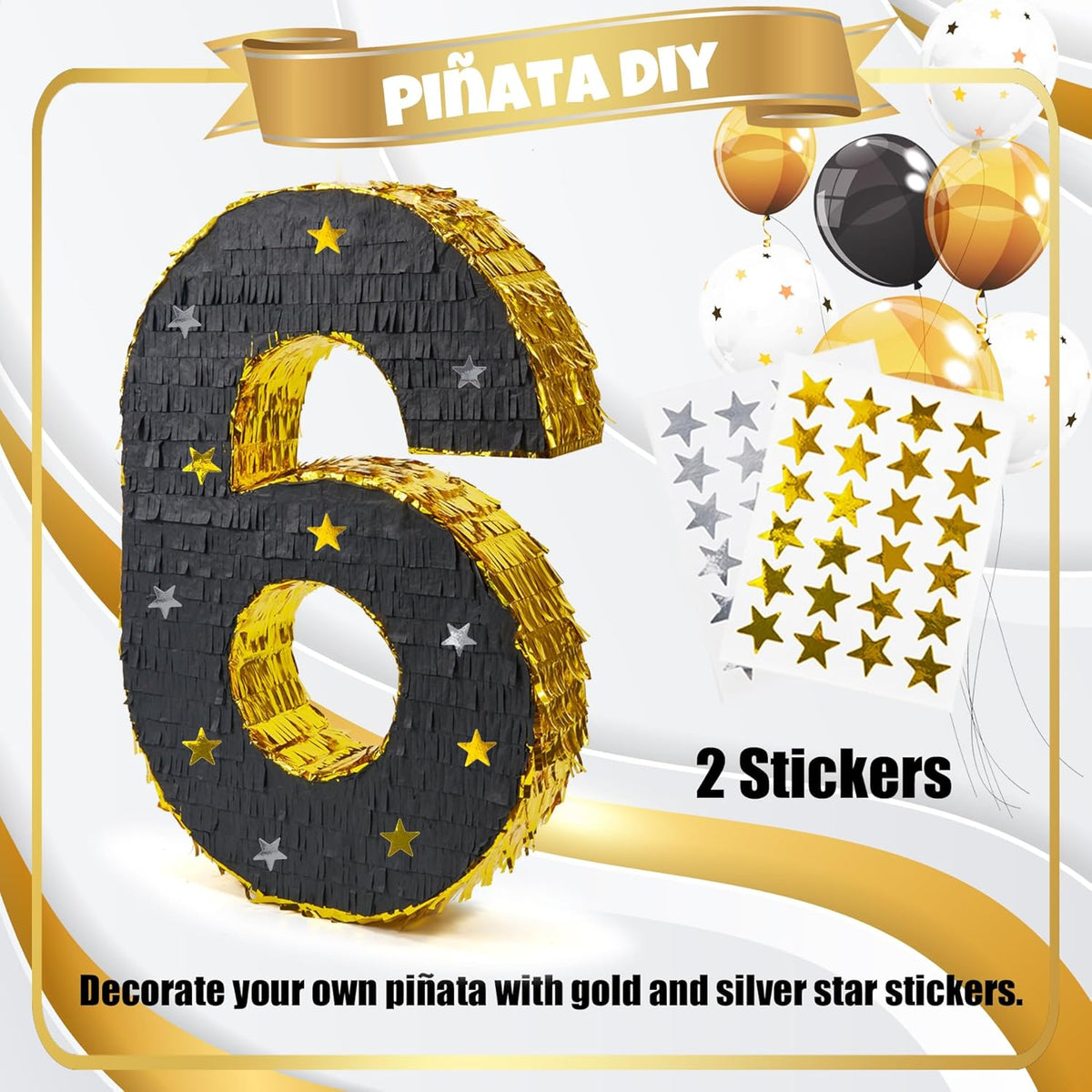 PCFING 20 Inch Number 6 Piñata Gold Black with 30 Inch Piñata Stick Blindfold Confetti for Man
