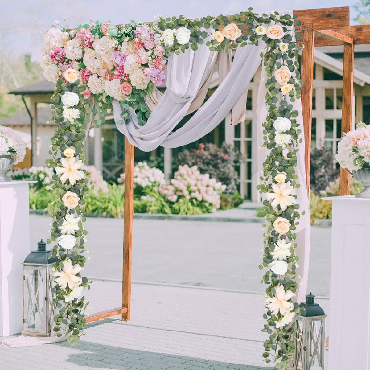 Waipfaru 6.07Ft Eucalyptus Greenery Garland with Flowers, Dusty Blue and White Rose Flower Vines