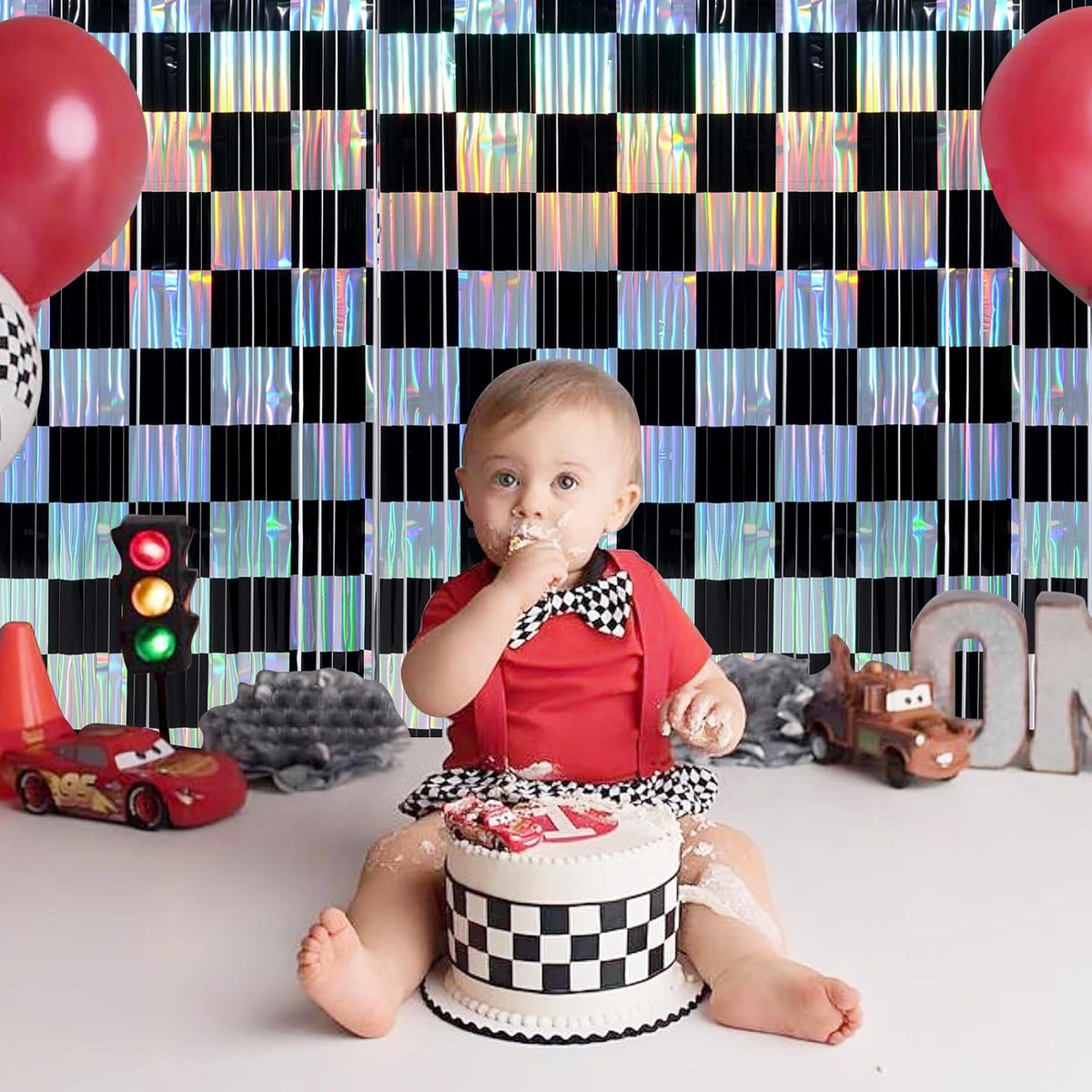 2 Pack 3.3Ft x 6.6Ft Race Car Checkered Foil Fringe Curtain Backdrop Decorations, Black Iridescent