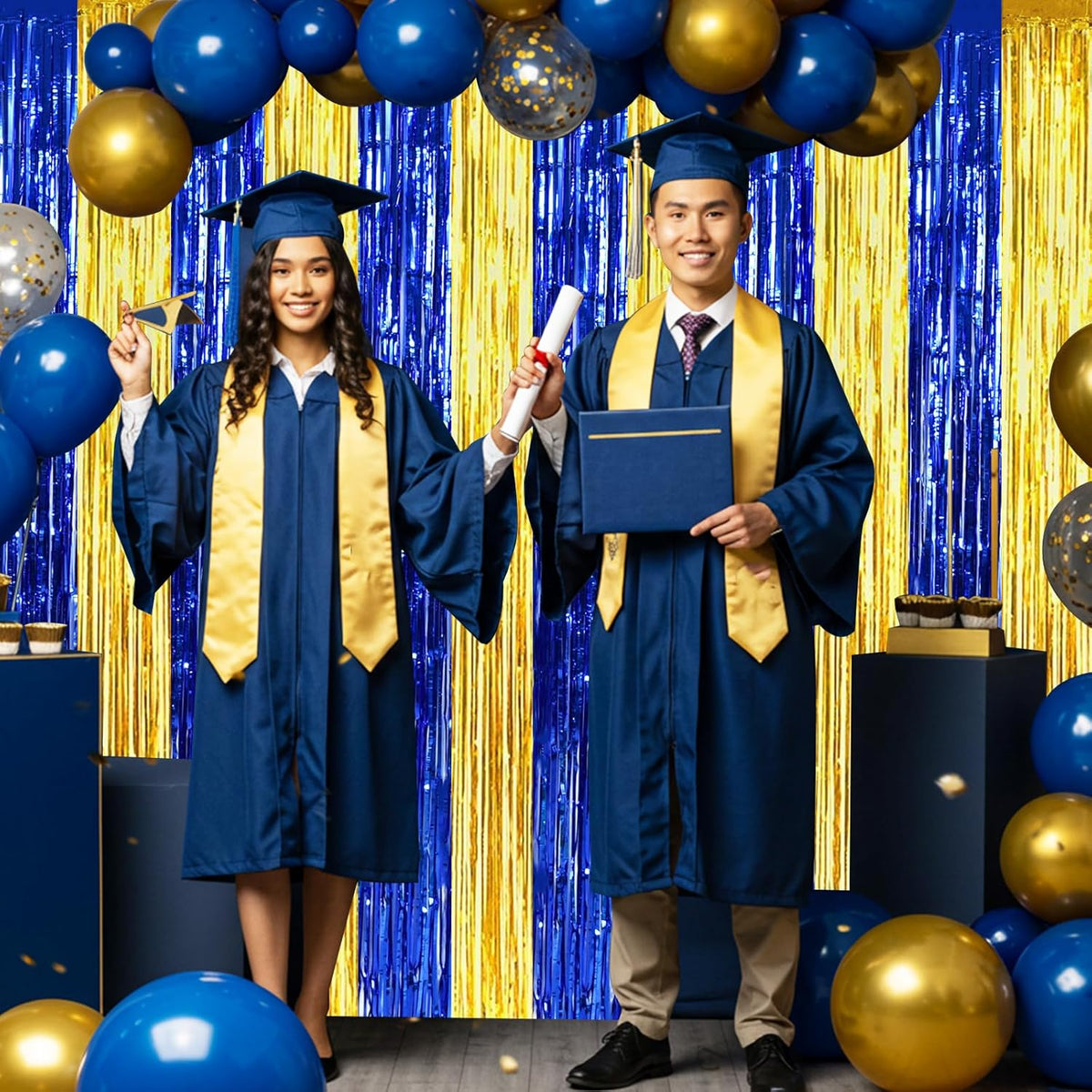 BEISHIDA 2Pcs Blue Gold Door Streamers Congrats Grade 2025 Decoration Backdrop Foil Fringe Tinsel