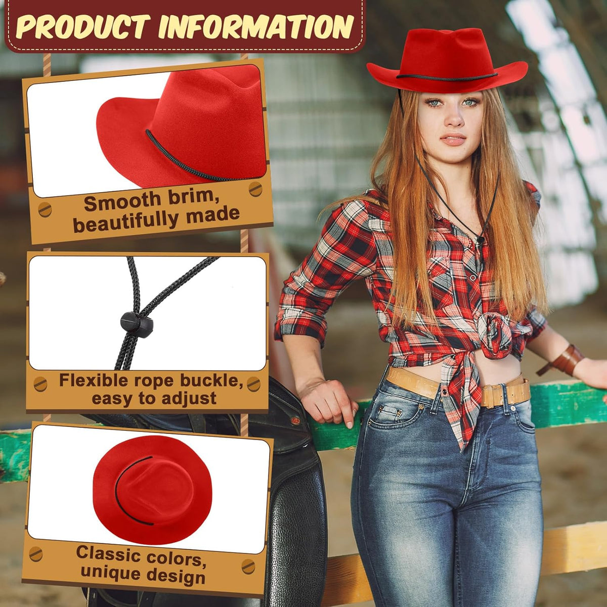 Mepase 24 Pieces Disposable Plastic Western Cowboy Hat Set Felt Wide Brimmed Cowgirl Hats for Men