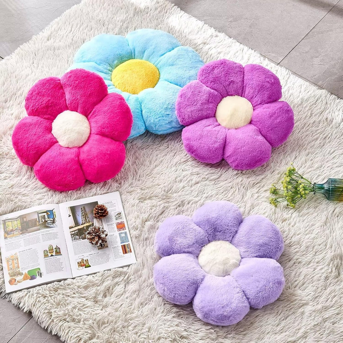 KCVCVR Cute Blue Flower Shaped Throw Pillow with Faux Rabbit Fur, 14.9" Soft Plush Floor Pillow for