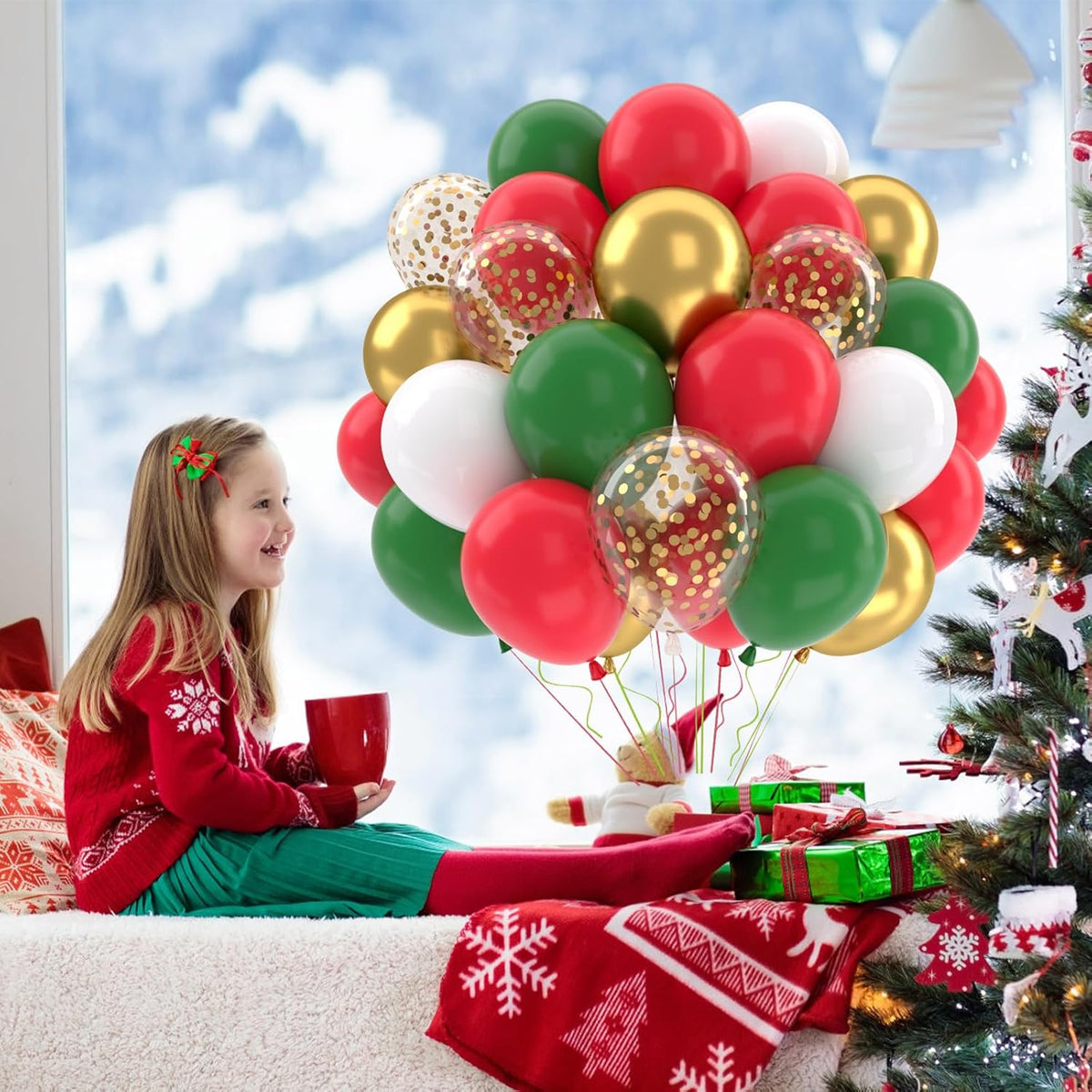 Patimate Red and Green Christmas Balloons Set, 50 pcs 12 inch Metallic Gold Green Red White