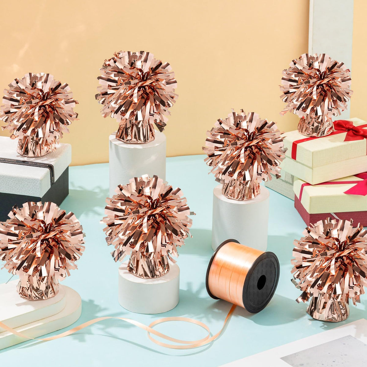 24 PCS Balloon Weights Metallic Anchor, Balloon Holder Heavy Weights with 1 Roll Rose Gold Crimped