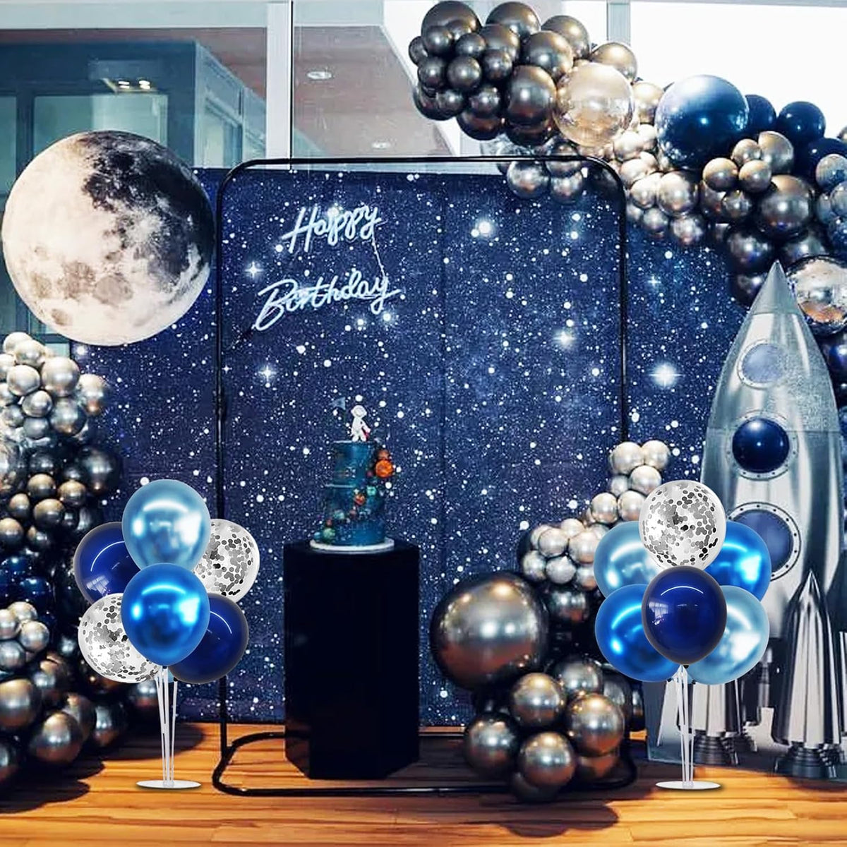 TONIFUL 4 Set Metallic Blue Silver Balloon Stand Centerpiece Table Decorations for Men's