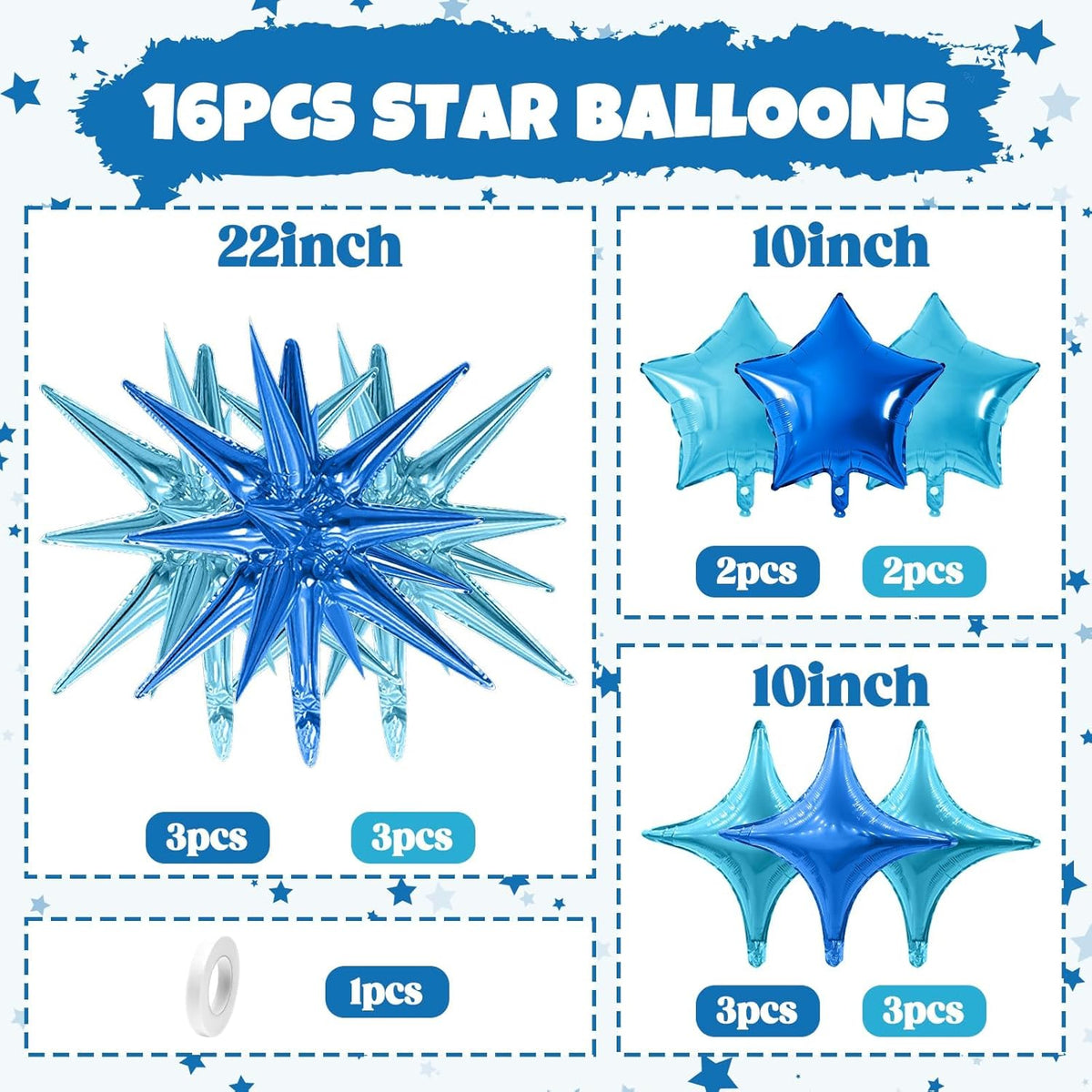 Blue Star Balloon,16Pcs Light Blue Star Foil Balloons Set with 22Inch Explosion Spike Cone Balloons